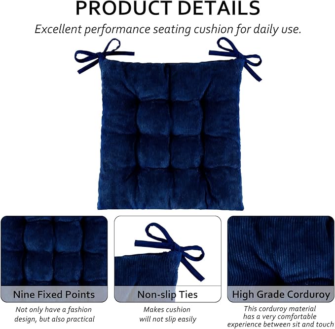Square Seat Cushion for Kitchen Dining Chairs, Soft & Comfortable 15.5" x 15.5" Chair Pads, 6 Packs, Dark Blue
