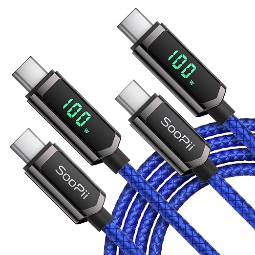 SOOPII USB C to USB C Cable [10FT2-Pack] 100W PD Fast Charging USB C Cable Nylon Braided Type-C Cable with LED Display for lPhone 15/15 Plus MacBook Pro Samsung Galaxy S22/S10 Pixel LG