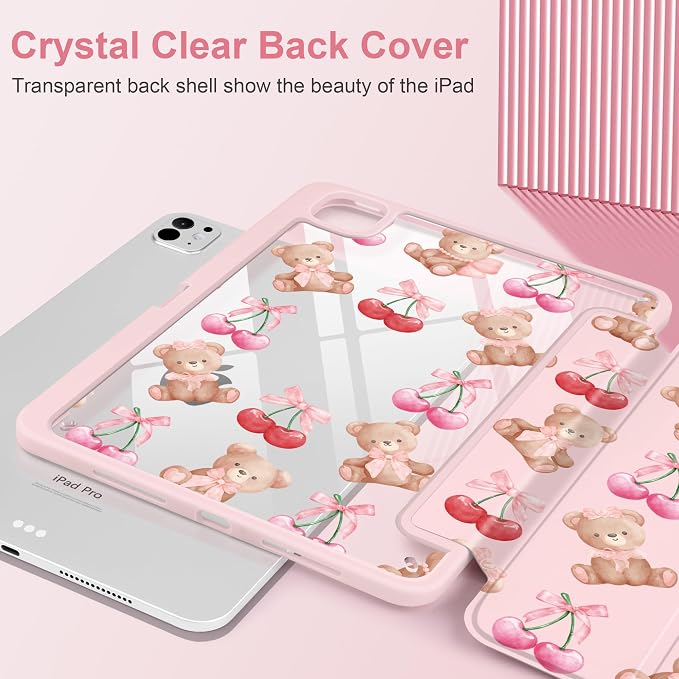 DONGKE for iPad Pro 11-Inch Case (M5 2025 / M4 2024) 6th/5th Generation [Auto Sleep/Wake &amp Pencil Pro Holder] Clear Acrylic Back Smart Trifold Stand Cover Bear &amp Cherry