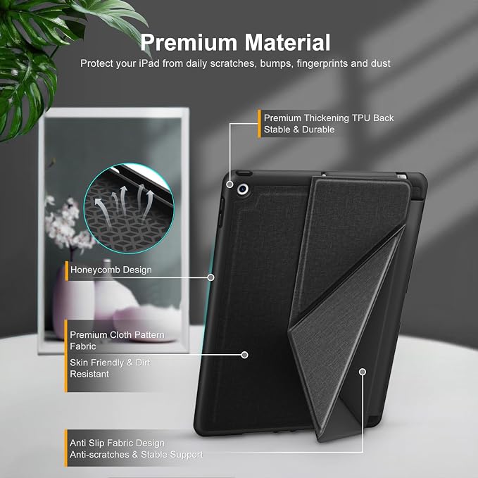 DTTO Foldable Case for for iPad 9th/8th/7th Generation 10.2-inch Black | Origami Magnetic Standing Cover with Pencil Holder，Vertical &amp Horizontal angles Auto Sleep/Wake
