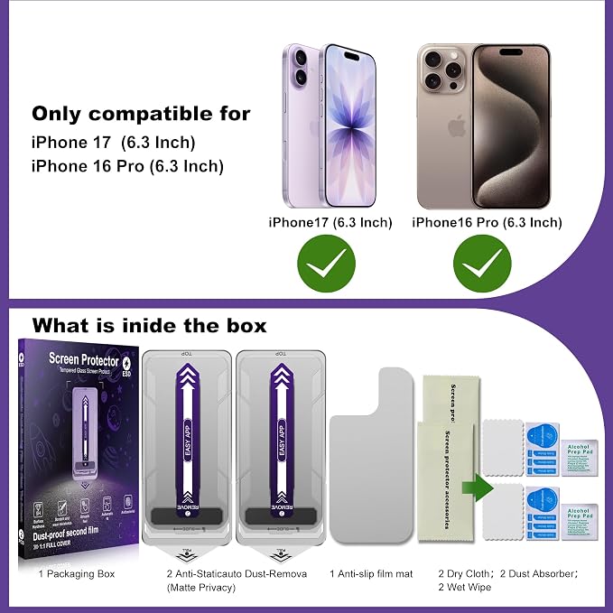 2-Pack Matte Privacy Screen Protector for iPhone 17 ProAnti-Glare &amp 25°Anti-SpyAnti-ReflectionAnti-FingerprintAuto Dust RemovalEasy Installation