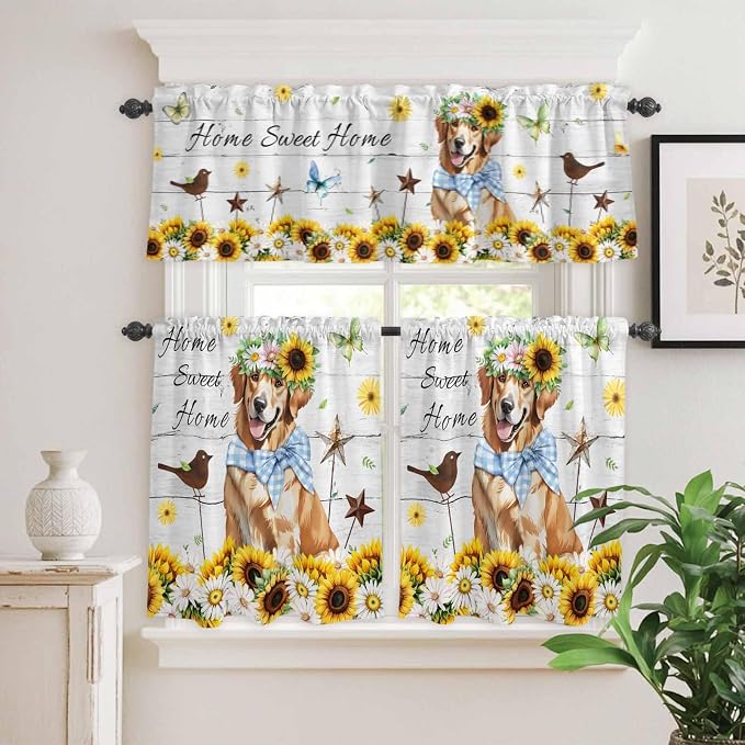 Kitchen Curtains Tiers and Valance Set of 3, Sunflowers Dog Light Filtering
