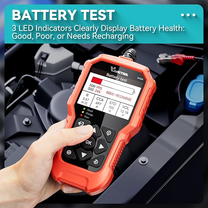 Car Battery Tester 6V 12V 24V VDIAGTOOL BT500, 5-3000 CCA Battery Load Tester, Starter Alternator Tester Automotive Charging Cranking System Analyzer for Car Truck Motorcycle SUV ATV Boat
