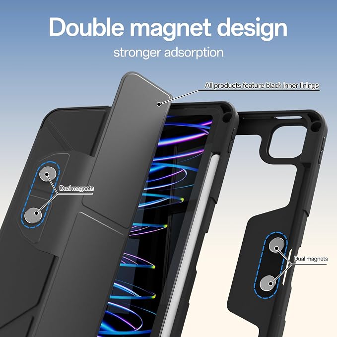 Case for iPad Pro 11 inch (4th/3rd/2nd Generation) 2022/2021/2020 | Y-Stand Shockproof Protective Cover with Pencil Holder Multi-Angle Stand Clear Hard Back (Black)