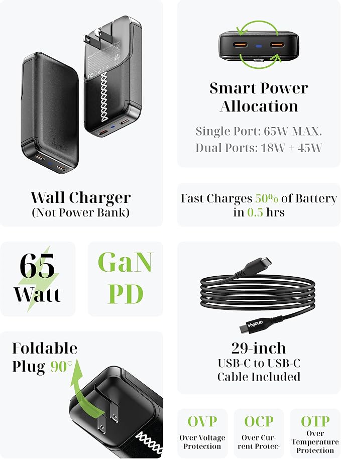 65W USB C Wall Charger- Ultra-Thin 2 Port Foldable Plug USB-C Cable Included GaN PD Fast Power Adapter with Leather for Pixel 6pro Fire 8HD Plus Bose 35II iPhone Apple Watch (Black)