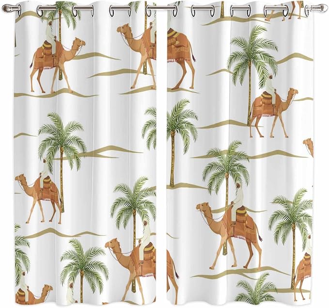2 Panel Kitchen Cafe Curtains, Desert Camels Sunlight Filtering Nature Air