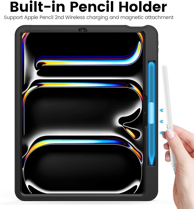 for iPad Pro 11 inch Protective Case M5 2025/M4 2024: Heavy Duty Shockproof Case with Pencil Holder - 360°Rotating Handle/Stand - Screen Protector - Shoulder Strap Black/Sky Blue