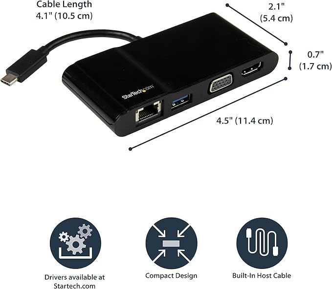 StarTech.com USB-C Multiport Adapter - USB-C Travel Dock with 4K HDMI or 1080p VGA, Gigabit Ethernet, 5Gbps USB-A 3.0 - Discontinued, Limited Stock, & Replaced by DKT31CHVL (DKT30CHV)