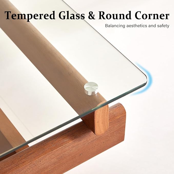 IWOOD Glass Coffee Table for Living Room,100% Solid Wood Coffee Table with Rectangular Tempered Glass Top,Mid Century Modern Coffee Table,Walnut