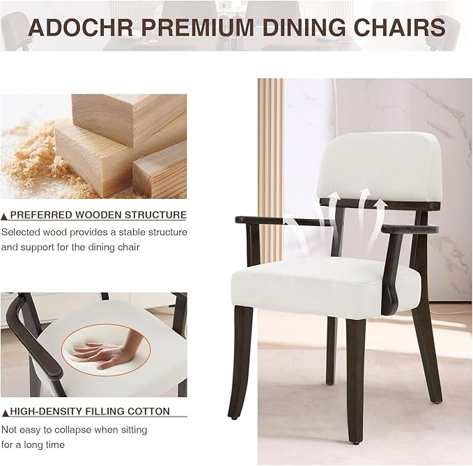 Modern Wood Dining Chairs with Arms Set of 4, Velvet Upholstered Kitchen Chairs with Open Curved Backrest & Black Hardwood Legs, Accent Chairs 350 LBS Capacity, White