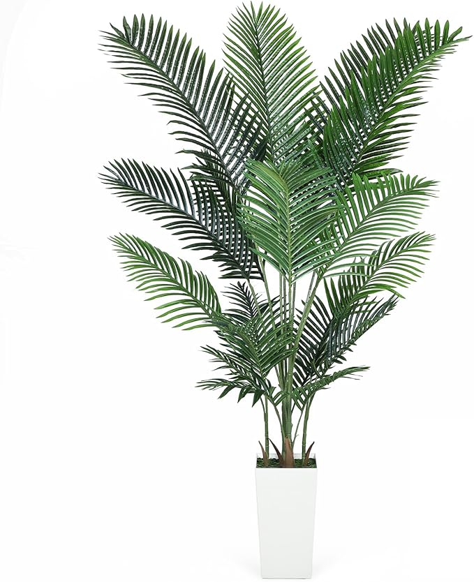 Artificial Areca Palm Tree 7FT Fake Potted Plant Faux Silk Tropical Areca Palm Real Bark Design, Large Artificial Plant in Tall White Pot for Home Living Room House Warming Floor Decor