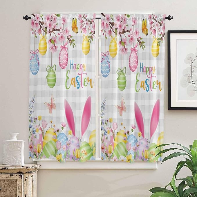 Happy Easter Bedroom Curtains 63 Inches length, Spring Watercolor Bunny Eggs