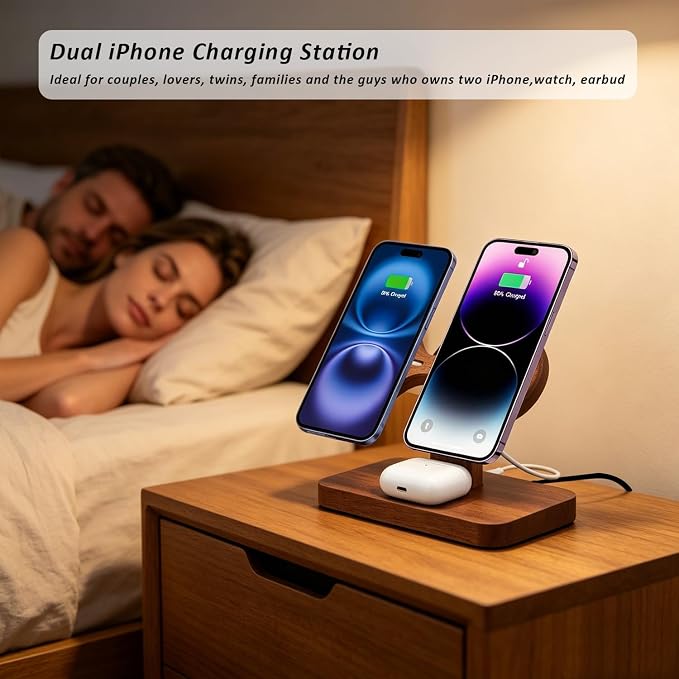 3 in 1 Wireless Charging Station for Apple Devices 24W Dual Phone Charging Station for 2 iPhone 17 16 15 14 13 12 Series iWatch 11 10 9 8 7 6 5 4 AirPod Magnetic Wireless Phone Charger Stand