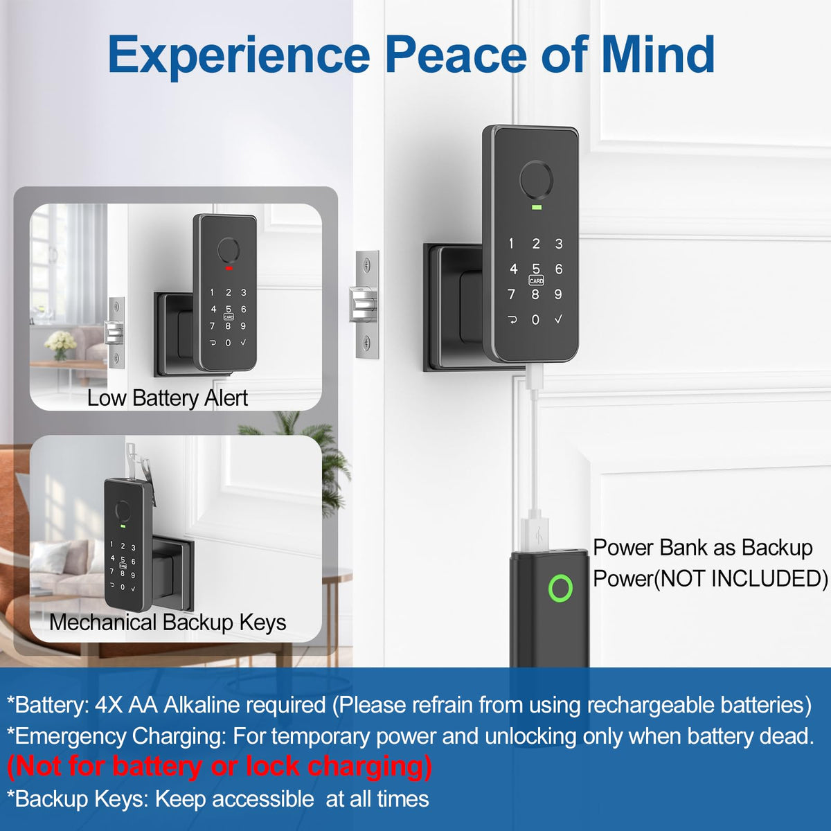 Foxgard Fingerprint Door Lock – 5-in-1 Biometric Smart Lock with Keypad, App Control, Key, Auto-Lock, Electronic Deadlock – Keyless Entry for Bedroom, Office, Indoor Use – Includes 2 IC Cards