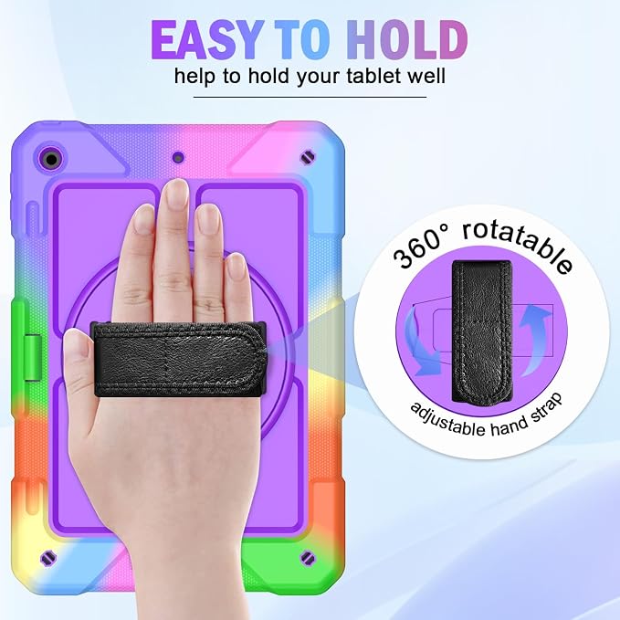 BMOUO for iPad 9th/8th/7th Generation Case 10.2 Black | Shockproof Rotating Stand Shoulder Hand Strap iPad 9th/8th/7th Generation Case with Pen Holder for iPad 10.2“ 2021/2020/2019