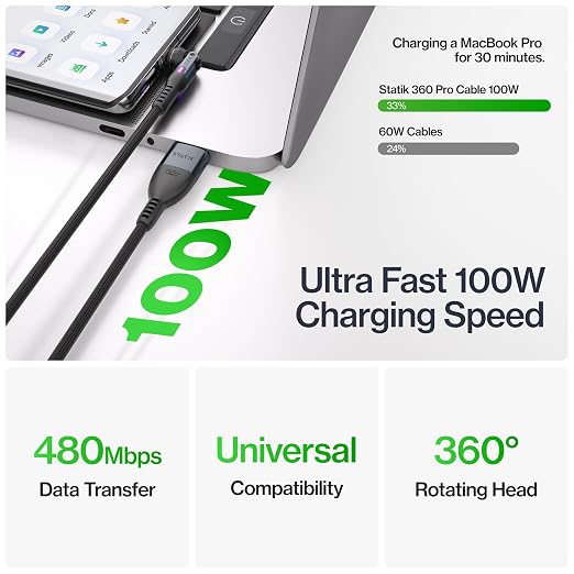 Statik 360 Pro Magnetic Charging Cable - Type C Charger Fast Charging 3 in 1 USB C to USB C Cable Micro USB &amp iProduct Tips USB A Adapter Fits All Devices - 100W Fast Charger Black 10FT/3M