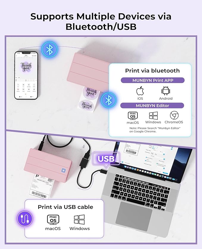 MUNBYN 130B Bluetooth Thermal Label Printer+2.25"x1.25" Pink Thermal Labels+Label Holder for Rolls and Fanfold Labels