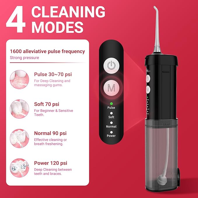 JNGOODS Mini Portable Water Flosser Oral Irrigator Water Teeth Cleaner Pick, Telescopic Water Tank, 4 Modes & IPX7 Waterproof, Home & Travel Water Flossers for Teeth, Braces Bridges Care. (Black)
