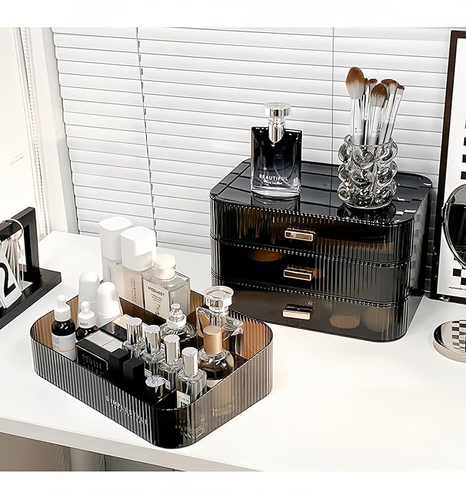 Makeup Organizer for Vanity, Large Desk Organizer with Stackable Drawers for Cosmetics, Skin Care, Lipsticks, Palette, Nail Care, Ideal Storage for Dresser and Bathroom Countertop- Black