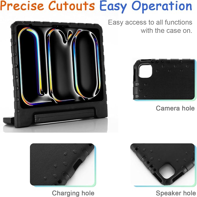Kids Case for iPad Pro 11 M5/M4 &amp iPad Air 11 (2026/2025/2024) Shockproof Case with Pencil Holder Techcircle Light EVA Foam Handle Stand Bumper Protective Child Friendly Drop Proof Cover Black