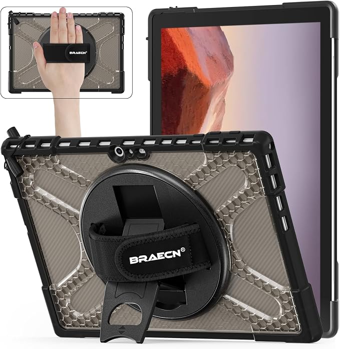 BRAECNstock Case for Microsoft Surface Pro 7+ Plus/7/6/5/4 12.3 - Black | Shockproof Case with 360° StandHand Strap &amp Pencil Holder | Type Cover keyboard CompatibleBusiness Friendly