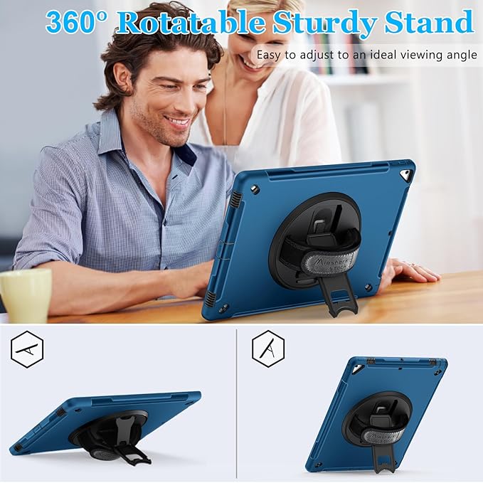 Case for iPad Pro 12.9 2nd Generation 2017& 2015 1st Generation, Heavy Duty TPU Protective Cover with Screen Protector- 360° Rotatable Stand + Handle Hand & Shoulder Strap + Pencil Holder- Blue