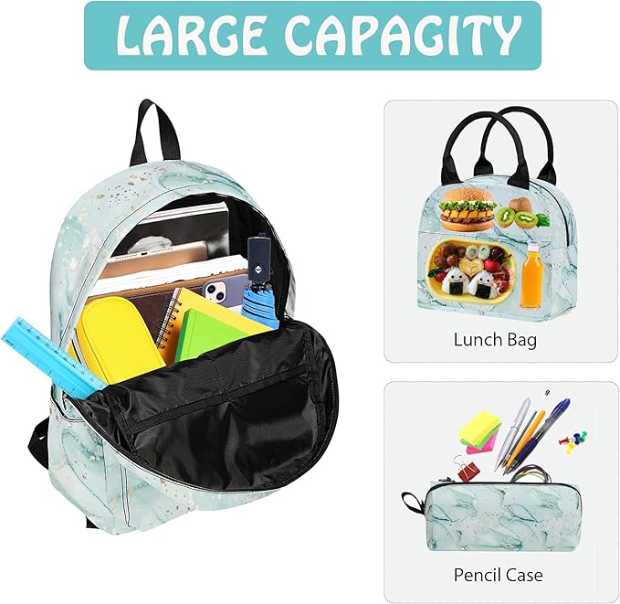 Marble 3PCS Backpack for Boys Girls, Kids Back to School Backpack Set with Lunch Box Pencil Case, 17 Inch Lightweight Bookpack 3 in 1 Set for Teens Elementary Middle High School Students