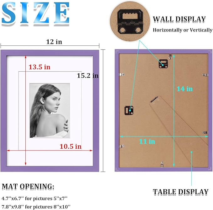 Egofine 11x14 Picture Frame Made of Solid Wood Covered by Plexiglass, Display Pictures 5x7/8x10 with Mat or 11x14 Without Mat for Table Top Display and Wall Mounting Photo Frame, Purple