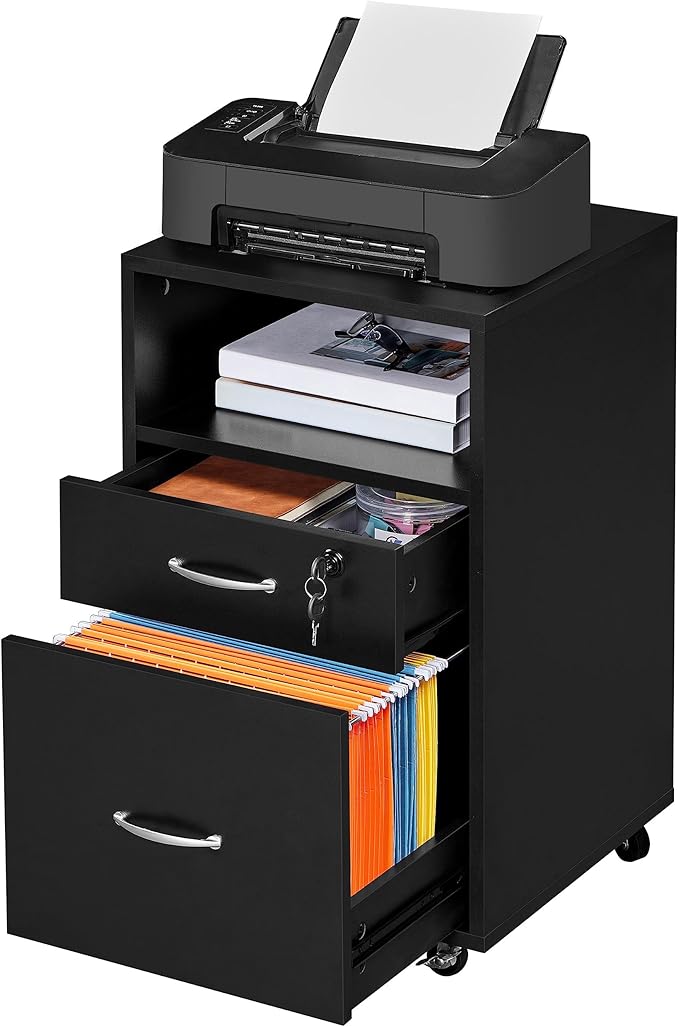 Yaheetech File Cabinet, Under Desk Vertical Cabinet with 2 Drawers and Open Compartment, Printer Stand with Lockable Wheels for A4 Letter Size Hangable File Folders for Home Office(Black)