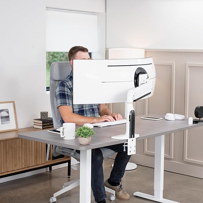 VIVO Premium Tilt Joint Ultrawide Monitor Stand, Fits up to 49 inch Computer Screens, Single Articulating Pneumatic Arm, C-Clamp and Grommet Desk Mount, Max VESA 200x100, White, STAND-V100HW