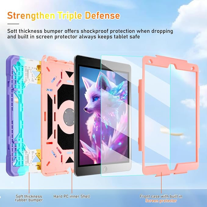 for iPad 9th/8th/7th Generation Case iPad 10.2 Case 2021/2020/2019 Rugged Heavy Duty Shockproof Protective Kids Case with Screen Protector/360° Rotating Folding Stand/Pencil Holder/Shoulder Strap