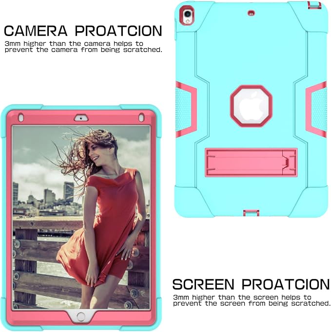 Dteck for iPad Air 3rd Gen (2019) / iPad Pro (2017) Case 10.5 Shockproof Protective Case with Kickstand Hard Plastic Shell 3-Layer Protection Drop Proof Sturdy Rugged Tablet Cover (Aqua+Rose)