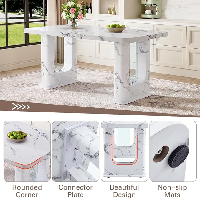 64.5" White Dining Table Set for 4, Modern Kitchen Table and Chairs Set with PU Leather Cushioned Chairs & Decorative Pedestal Base, 5 Piece Marble Pattern Dining Table Set for Dining Room or Kitchen