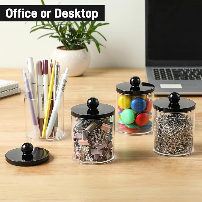 8 Pack Acrylic Qtip Holder Dispenser for Cotton Swabs, Balls, Pads, Floss - Plastic Canister Apothecary Jar Set, Bathroom Essentials Accessories Decor Vanity Makeup Storage Organizer - Clear & Black