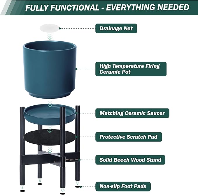 D'vine Dev Ceramic Planter with Ebony Stand - 14 Inch Modern Round Flower Pot with Wood Planter Holder, Teal, 55-B-S-4