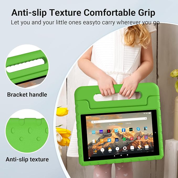 Kids Case for Amazon Fire HD 10 5/7/9 GenHandle Stand Green | Shockproof Lightweight designed for Amazon Fire hd 10 Tablet case Kids 5th/7th/9th Generation 2015/2017/2019 Released