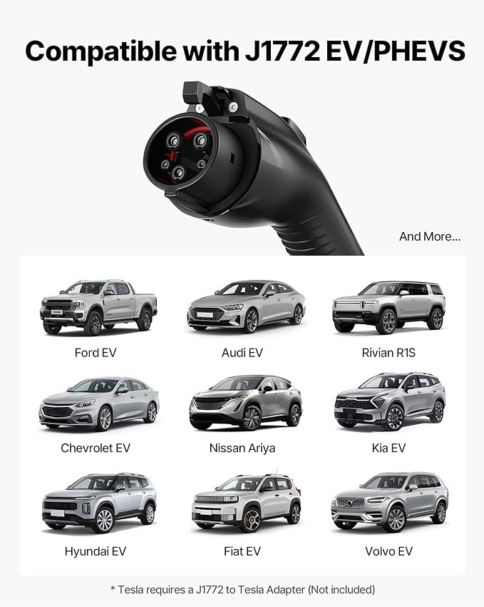 VEVOR Level 1&2 EV Charger, 16 Amp Adjustable Current, Electric Vehicle Portable Charger with 25 ft Cable, 120V-240V, NEMA 6-20P Plug NEMA 5-15 Adapter, LCD, Home Car Charging Station for SAE J1772 EV
