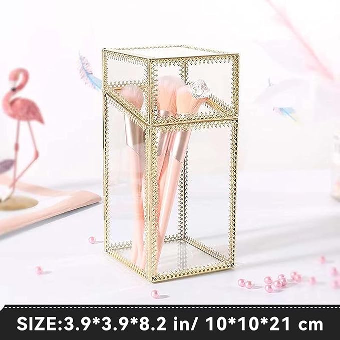 Glass Makeup Brush Holder with Lid Organizer Vintage Cosmetic Hexagonal Display Cases Brush Storage with Free White Pearls - Gold