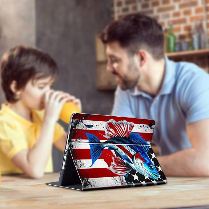 Case for Samsung Galaxy Tab A9 Plus 2023/A11 Plus 2025 11 inch Lightweight Protective PU Leather Smart Stand Cover with Auto Wake Sleep Tablet Case Cover - American Flag &amp Fish