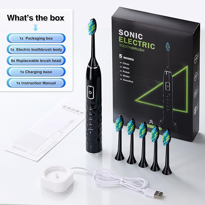 ZUAMEGU Sonic Electric Toothbrush for Adults - Deep Cleaning Teeth Whitening6 Replacement Brush Heads100-Day Battery5 Modes w/SensitiveIPX7 Waterproof (Color Options)