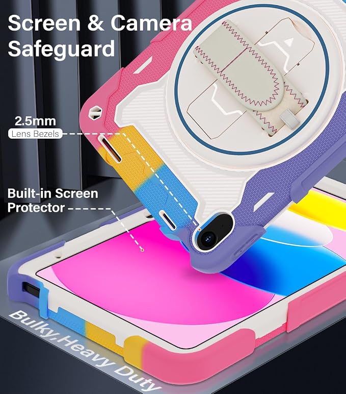 for iPad 9th 8th 7th Gen Case 10.2 inch with Screen Protector | 360° Rotating Kickstand Hand Strap Shoulder Strap Heavy Duty Military Grade - Kids Friendly