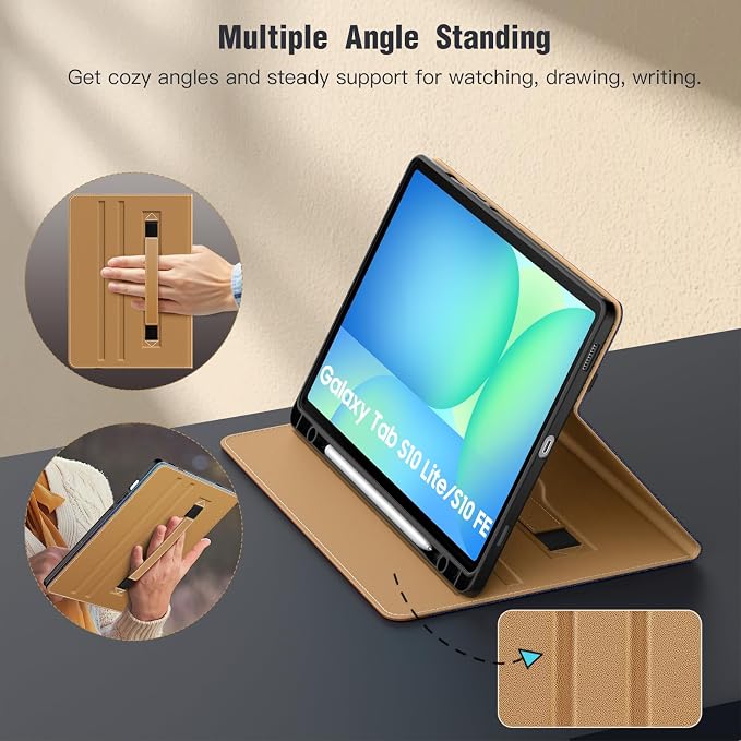 MoKo Case for Samsug Galaxy Tab S10 Lite/ S10 FE/ S9 FE/ S9 10.9/11 Inch | Built-in S Pen Holder Case for Samsung Tablet (2025/2023) PU Leather Hand Strap &amp Front Pocket Blue &amp Brown