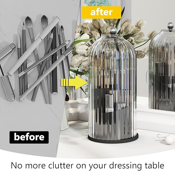 Makeup Brush Holder with Dustproof Cover 360 Rotating Makeup Brush Organizer for Vanity Bathroom, White/Black