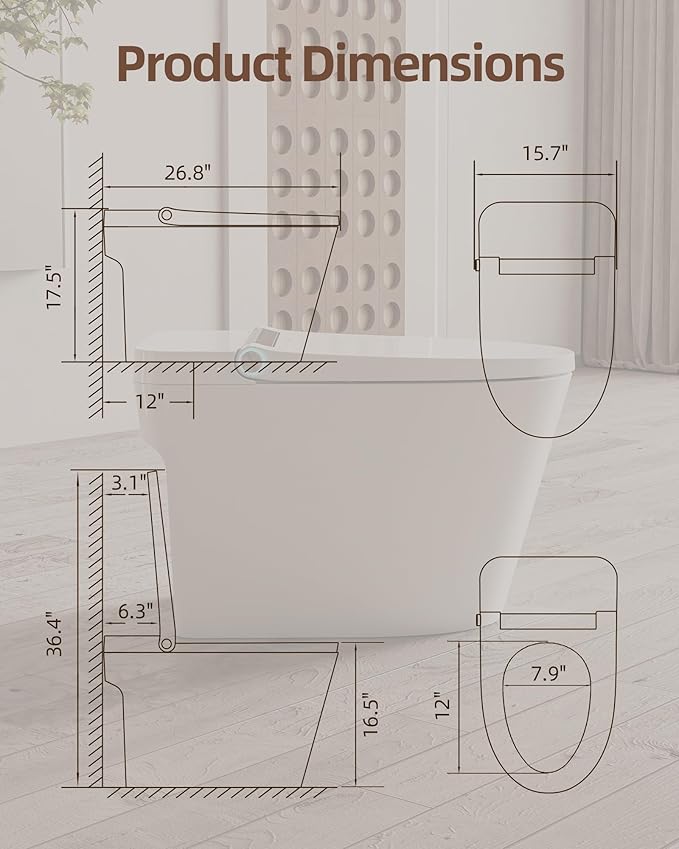 Luoware Smart Toilet Lite without Bidet, One Piece Elongated Modern Toilet with Heated Seat, Pump-Assisted Auto Flush, Foot Sensor Operation, Night Light, Built-in Water Tank, Blackout Flush