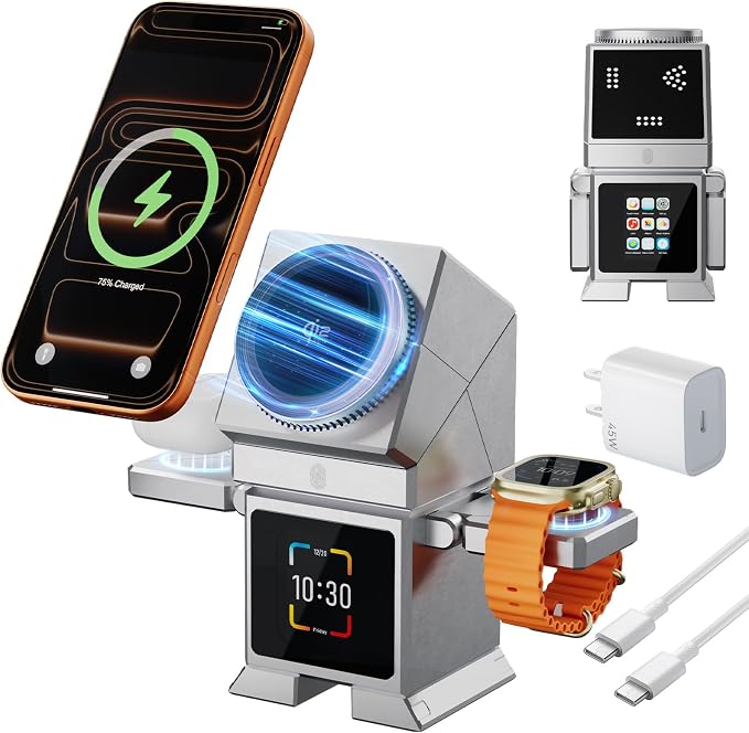 Robot 7-in-1 Magnetic Wireless Charging Station with Qi2 25W Fast Charging | Multifunctional Rotating Charger for Apple Multiple Devices LCD Display Bluetooth Speaker Alarm Clock 45W Adapter Sliv