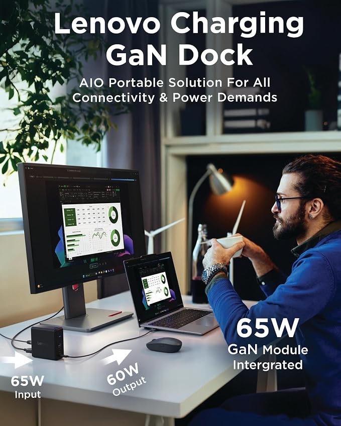Lenovo USB-C Slim Travel Dock 8 Ports Up to 65W PD Pass Through Integrated USB-C Cable 4K Display Support Black
