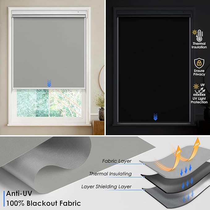 Motorized Roller Blinds with Remote Control & Solar Panel - 100% Blackout Smart Blinds, Automatic, Cordless, Electric Shades - Compatible with Alexa - Grey, 24" W x 72" H
