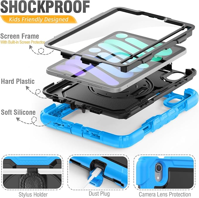 HXCASEAC Case for iPad mini 7 (A17 Pro) / iPad mini 6 Case 8.3 inch Full Body Protective with Carrying Strap Hand Strap Protector Pencil Holder 360 Rotating Stand A2995 A2993 A2567 A2568 Black