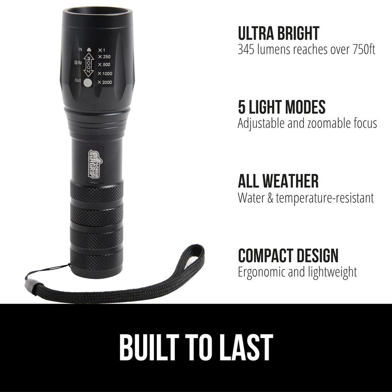 GORILLA GRIP Powerful LED Tactical Flashlight, 750 FT High Lumens 5 Adjustable Modes, Water Resistant, Ultra Bright Zoom Flashlights, Small Mini Flash Light, Camping, Night Dog Walking, 2 Pack Black