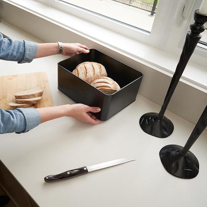 ZICOTO Beautiful Bread Box With Wooden Lid For Your Kitchen Countertop - Spacious Container Perfectly Stores Your Homemade Bread, English Muffins & Bagels - Quality Cutting Board Lid Keeps Loaf Fresh